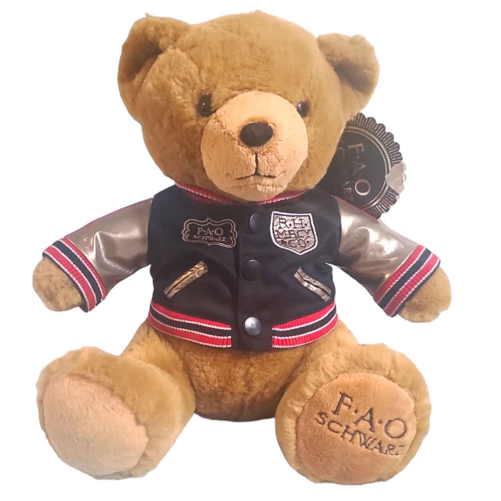 FAO Schwarz Teddy Bear Plush Varsity Jacket 12" Stuffed Animal Toy Brown Black - Picture 1 of 11